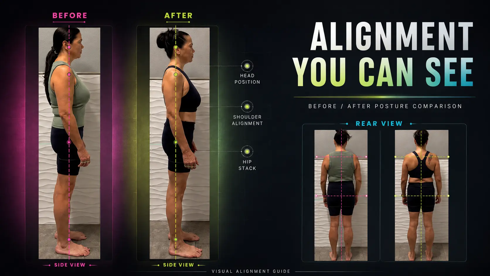 Before-and-after side and rear posture photographs with visual guides for comparing head, shoulder, hip and centerline alignment